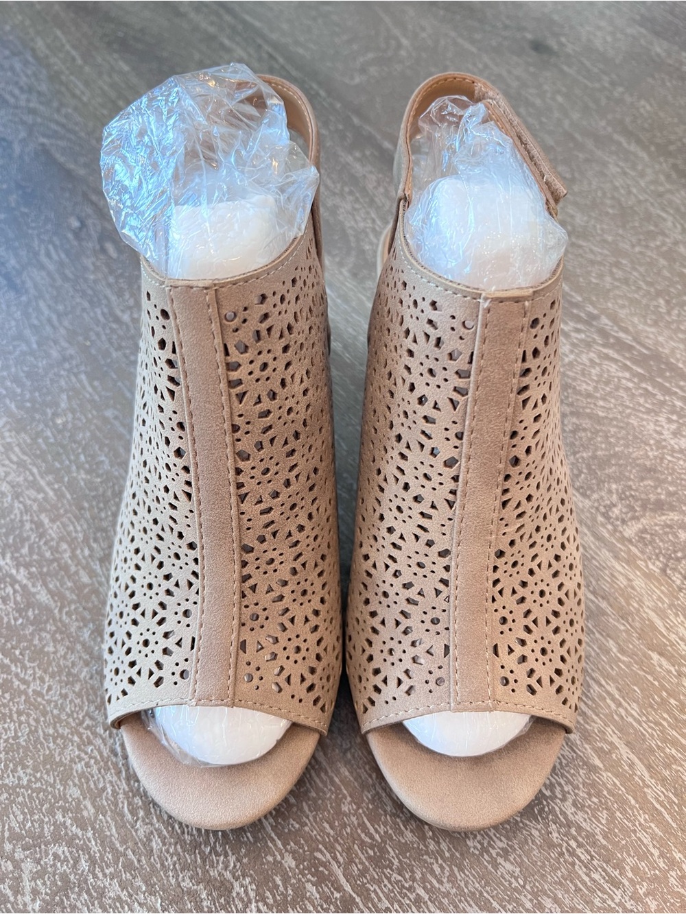 Women's Taupe Laser-Cut Peep-Toe Sandals